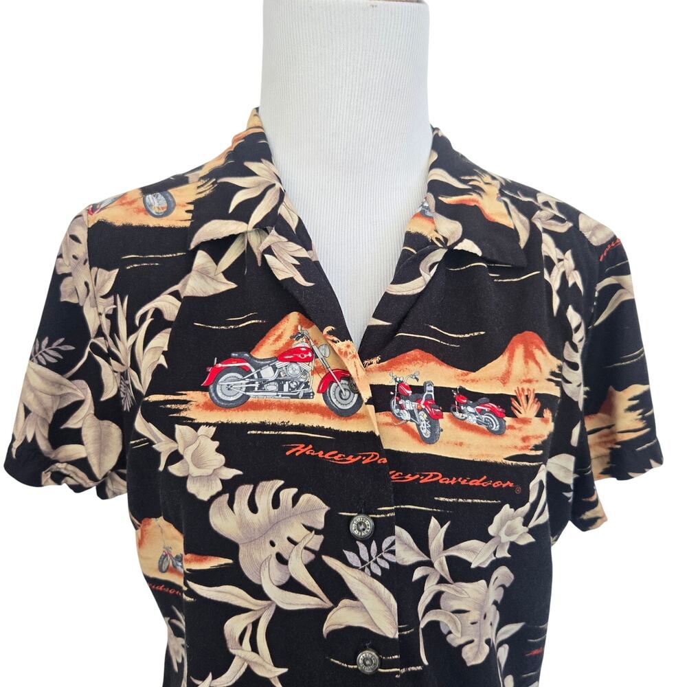 Vintage Harley Davidson Women Hawaiian Shirt Tori Richard Button Front Medium